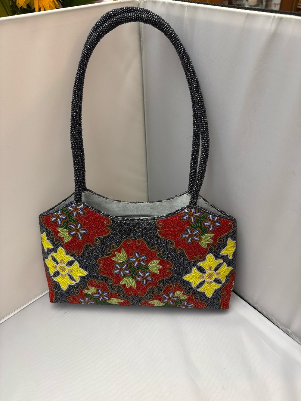 Beautiful Lynne Jerome Beaded Floral Satchel Tote in Black, Red & Yellow